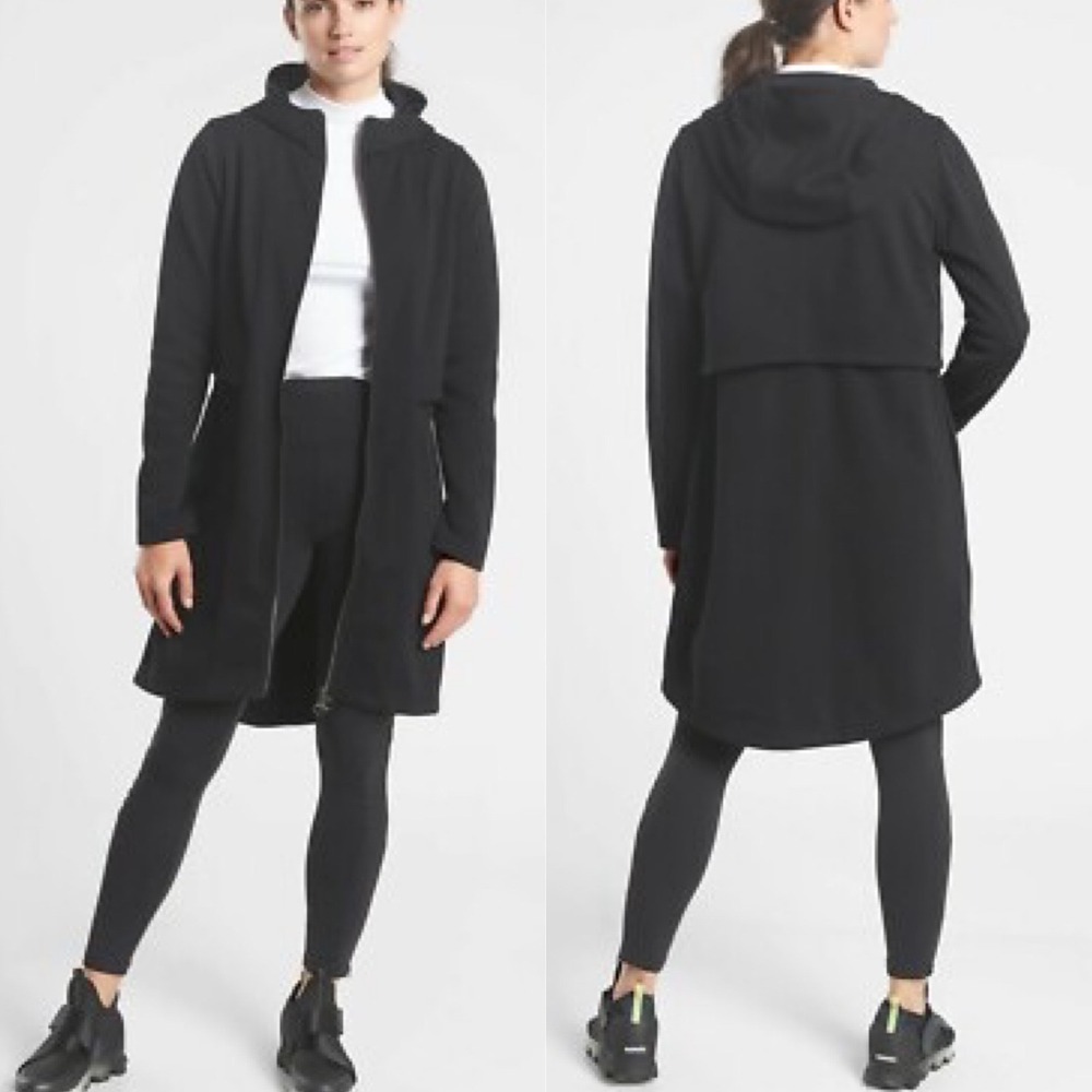 Athleta Hooded Cozy Karma Jacket‎ XS Black Longline Fleece Lined 631309